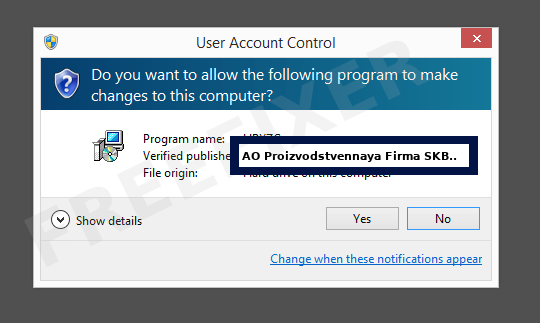 Screenshot where AO Proizvodstvennaya Firma SKB Kontur appears as the verified publisher in the UAC dialog